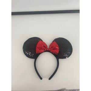 Disney Minnie Mouse Sequin Ears Black with Red sequins Bow Headband